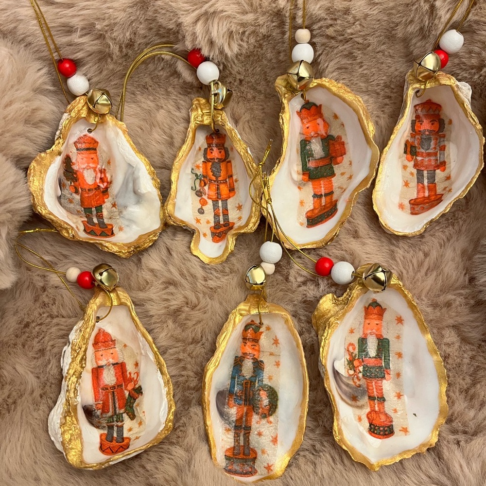 Handmade Gold and White Nutcracker Oyster Shell Ornaments- Sold Separately